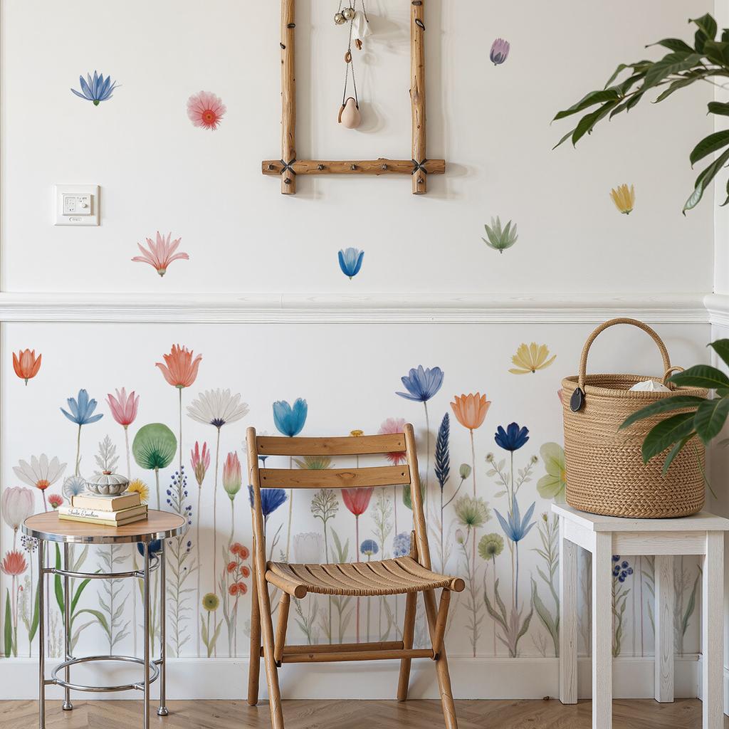 Abnehmbare Pastell-Blumen-Wandaufkleber für Sockelleiste, Schrank, Flurdekoration, Pflanzen-Blumen-Deko-Aufkleber