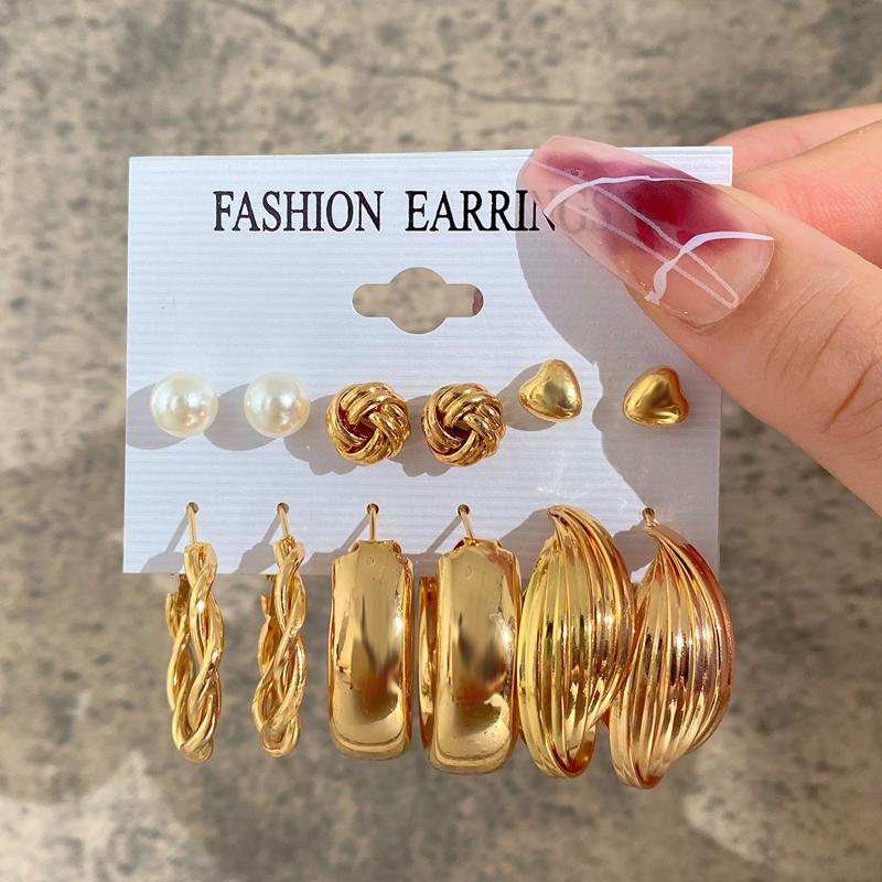 New Gold Color Big Circle Hoop Earring Set for Women Fashion Bohemia Vintage Pearl Earring Heart Zircon Ear Studs Jewelry Gifts