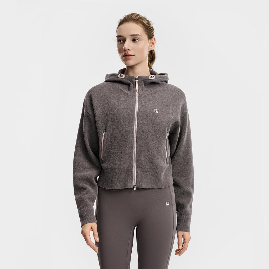 FILA Fitness Series Simple Fashion Casual Sports Training Versatile Warm Hooded Loose Short Knit Jacket Women jackets Gray A11W611506FDY