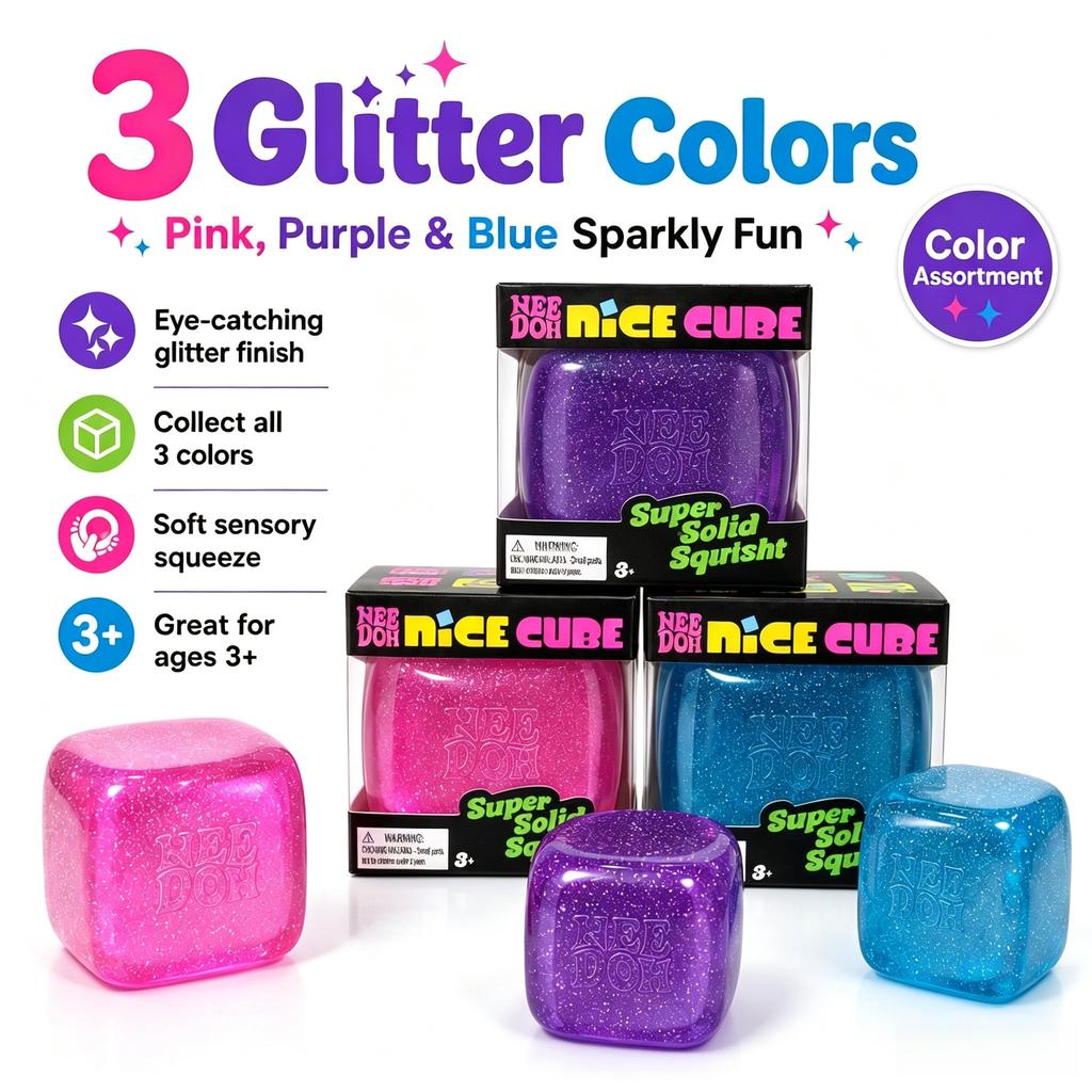 NeeDoh Nice Cube Glitter Squishy Toy, Super Solid Sparkly Sensory Fidget Cube for Stress Relief, Anti-Anxiety Soft Squeeze Toy for Kids & Adults