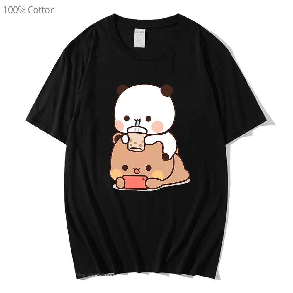 Bubu Is Watching Dudu While He Playing Games T-Shirts Cute Panda Bear Cartoon Tshirts Women Funny Top Kawaii Clothes