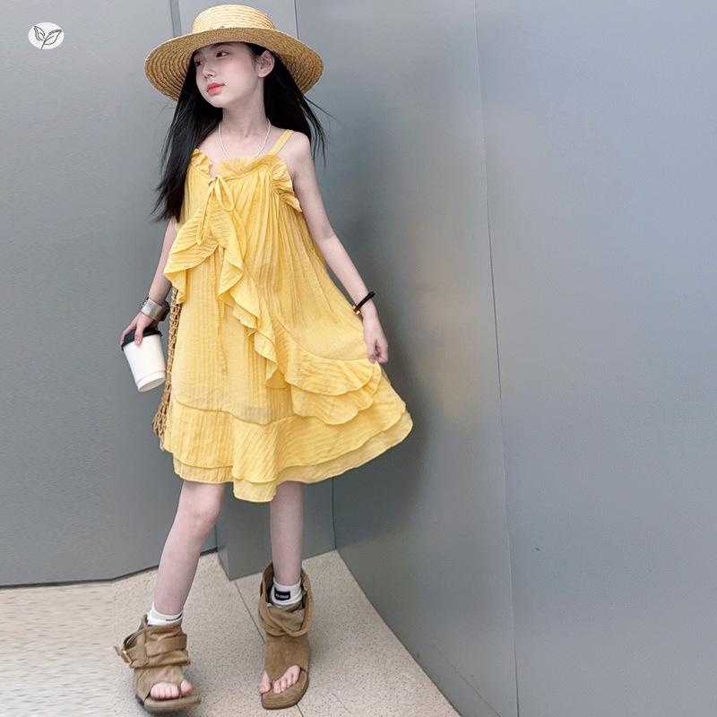 Girls' Ruffle Strappy Midi Dress - 2026 Summer Beach Style for Older Children