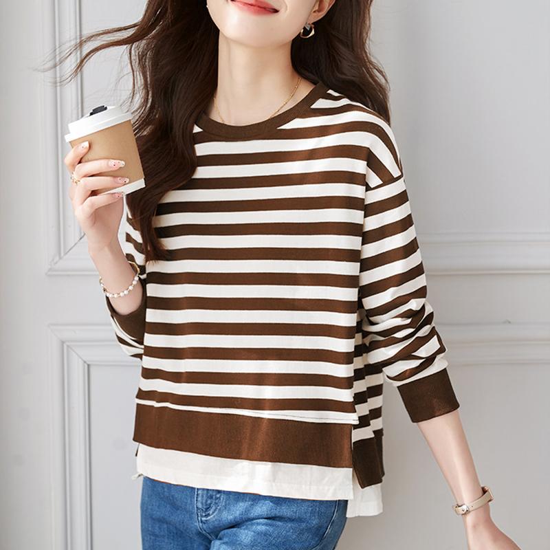 

ZANZEA Женская повседневная блузка с круглым вырезом и длинными рукавами, осенняя, в полоску, пэчворк 2XL светло-коричневого