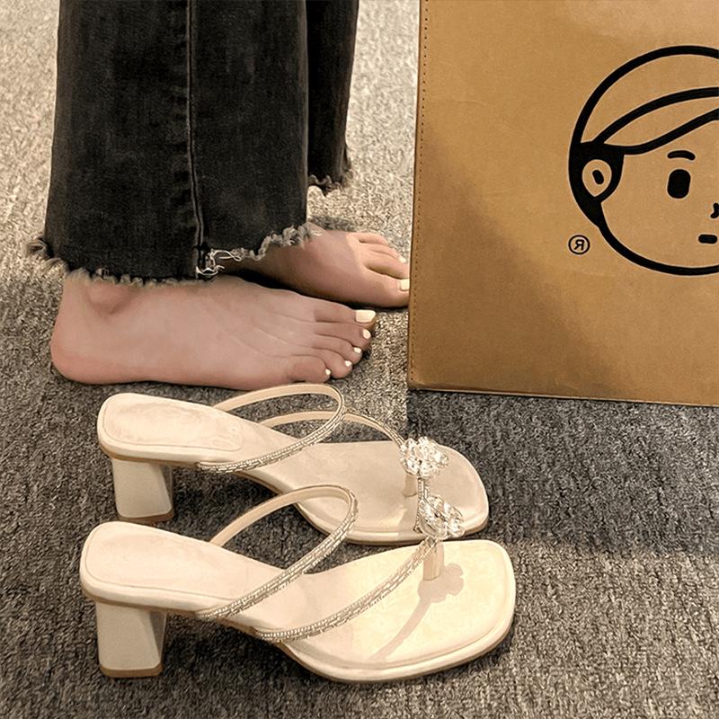 With skirt slippers women's summer wear 2025 new summer rhinestone cool slippers French thick heel beautiful high heel sandals