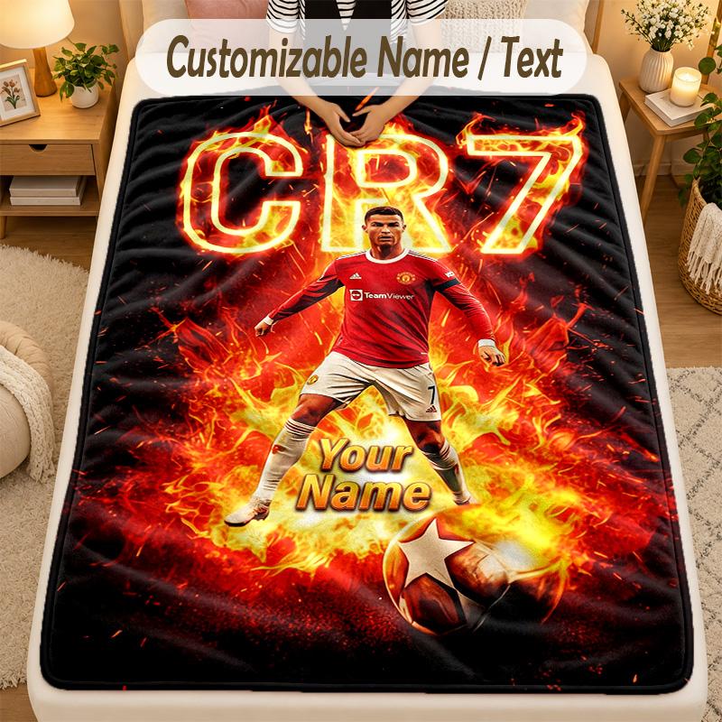 Flannel BlanketCristiano Ronaldo Custom Name Text Personalized Soft Warm Throw Blanket Home Decor Gift