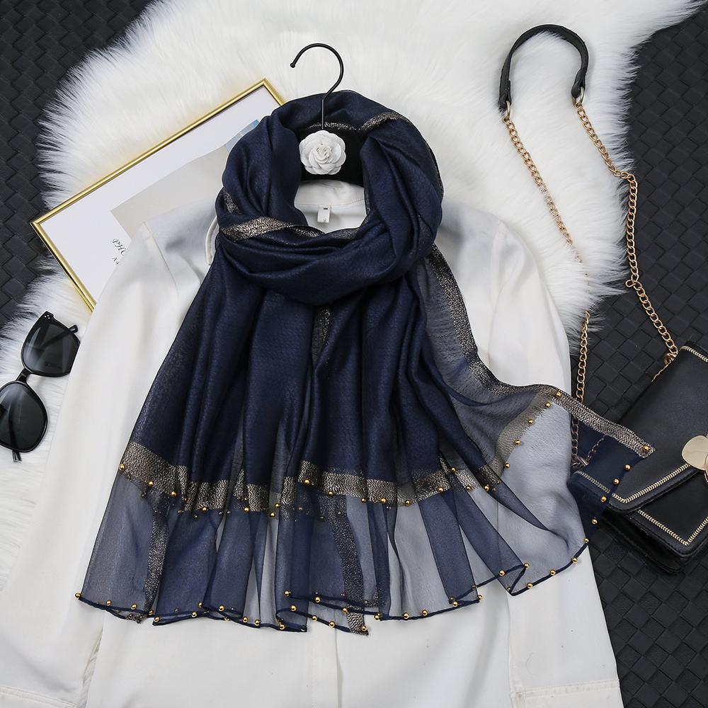 Fashion Luxury Silk Scarf For Women Shawls With Beads Long Scarf For Women Female Foluard Stoles Bandana Head Wraps Headscarf