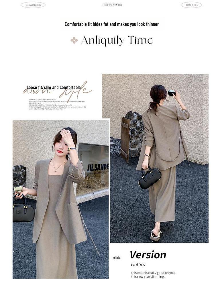 Premium V-Ausschnitt Anzug Rock & Ärmelloses Kleid Set für Damen - Sophistizierter Herbststil