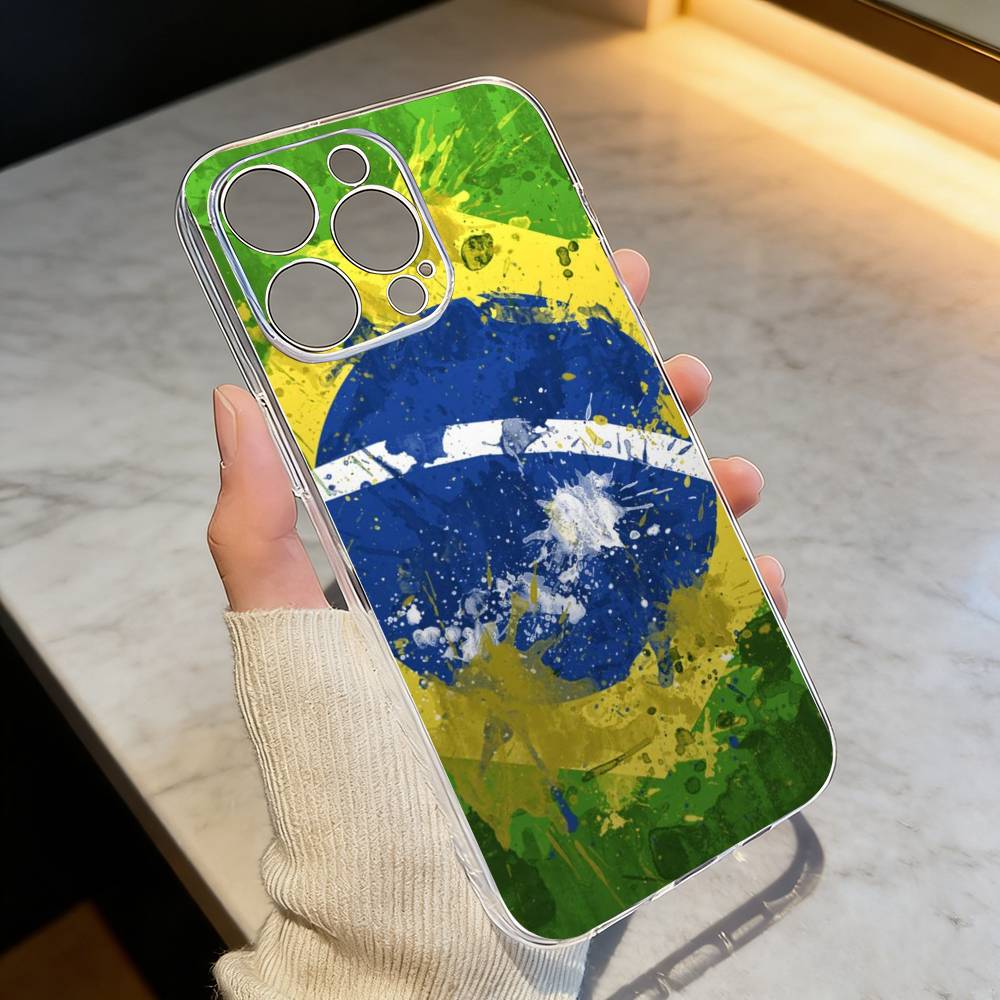 B-Brazil Brazilian Flag Phone Case For iPhone 17 16 15 14 13 12 11 Mini Pro Max Plus Transparent Cover