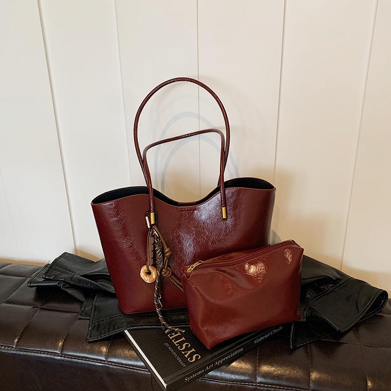 Bright PU Leather Big Tote Bag Set For Women 2-IN-1 Solid Color Shoulder Bags With Pendant Vintage Large Capacity Shopper Totes