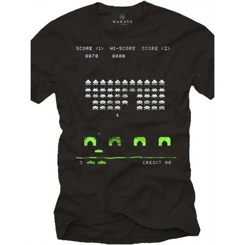 Men'S Retro Arcade Space Invaders Graphic T-Shirt - Vintage Gaming Design with Neon Green Aliens & Classic Score Display - Casual Round Neck Short