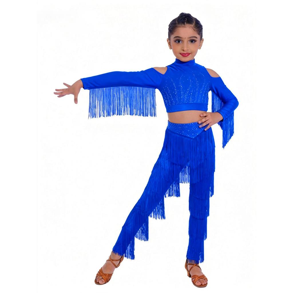 Set de pantaloni cu franjuri pe straturi pentru fete Talie elastică Crop top cu strasuri strălucitoare Ținută Latină
