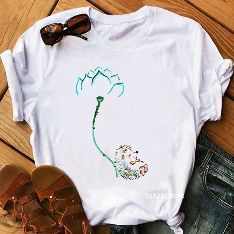 Watercolor Music Is My Joy Cute Hedgehog Animal Print T-Shirt Women&Amp;#39;S Clothing Funny Tshirt Femme Summer Fashion T Shirt Female