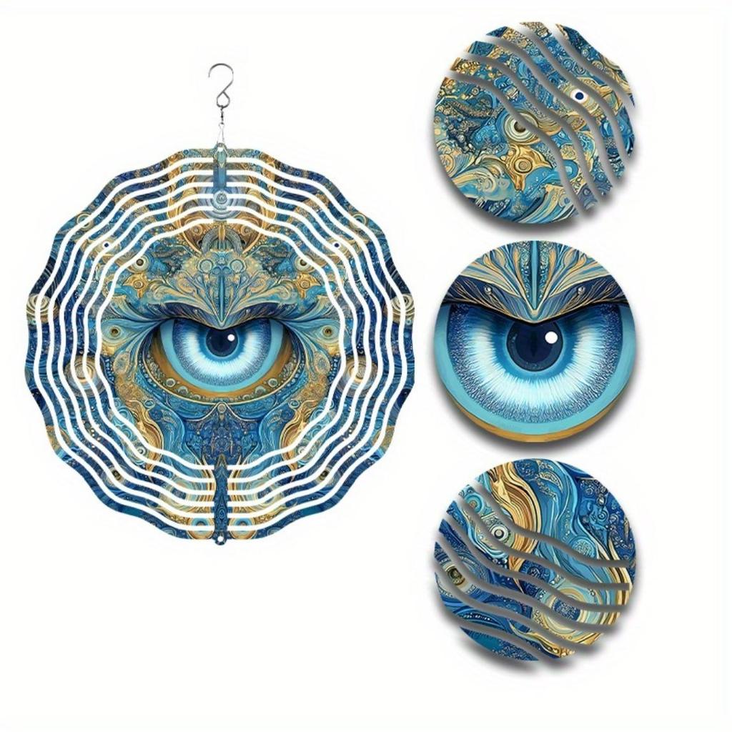 Eye Themed Metal Wind Spinner Outdoor Garden Decor Blue and Golden Circular Design Indoor Hanging Ornament No Power Needed for All Seasons
