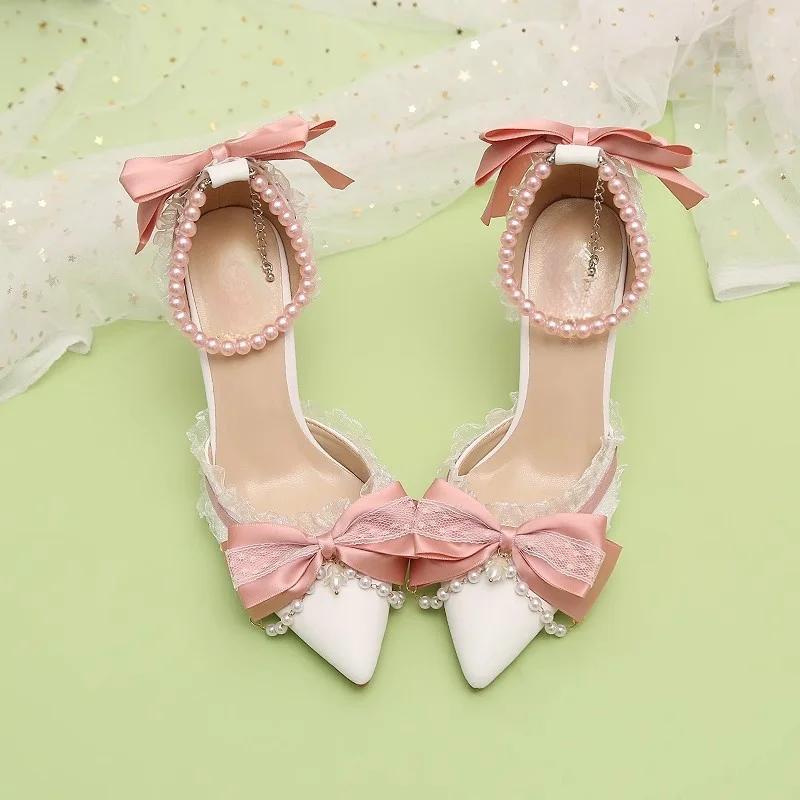 

Мода Мода Лолита Жемчужный браслет Кружево Розовый Бант Босоножки на высоком каблуке Милая Девушка Банкет Свадьба Невеста Подружка невесты Туфли на высоком каблуке 34