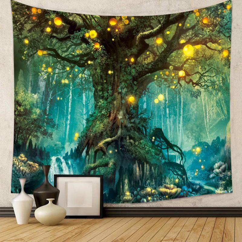 Forest Nature Tapestry Wall Hanging Art Decor Bedroom Living Room Boho Nordic Minimalist Home Digital Print Fabric Covering 130x150 cm Free Installation Kit