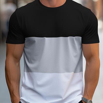 Męski T-shirt z kontrastowym wzorem w paski, z okrągłym dekoltem i krótkim rękawem, casualowy i wygodny na letnią odzież rekreacyjną