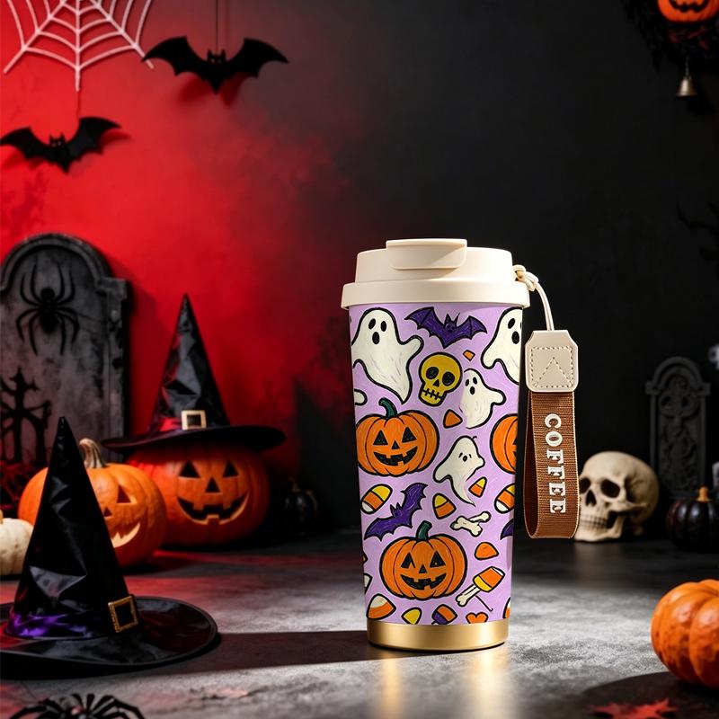 532ml Coffee Cup Halloween Pumpkin Ghost Bat Skull Candy MotifCar Portable Cup Flip Lid Coffee Cup Double Wall Insulated Cup