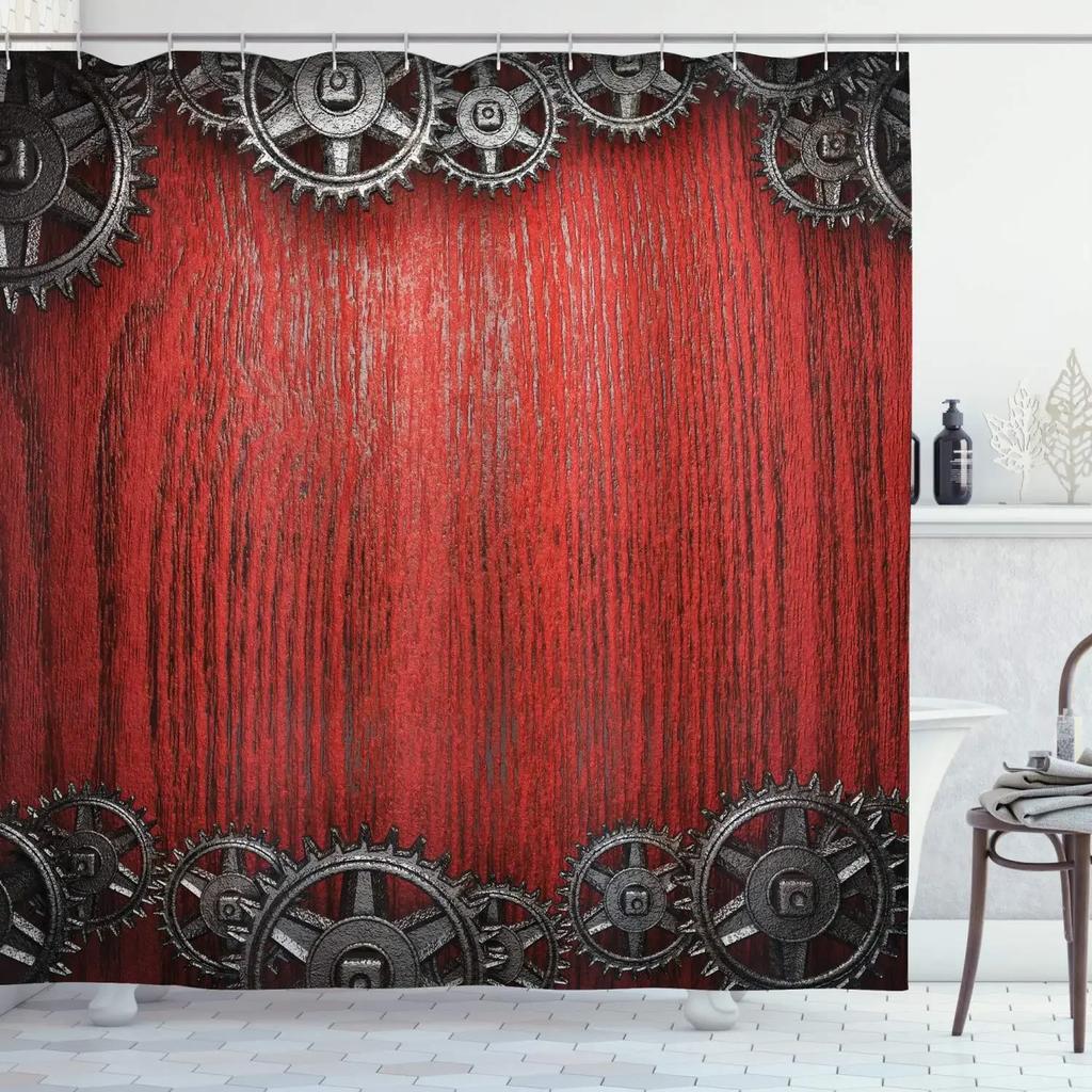Retro Steampunk Clocks and Gears Shower Curtain Mechanical Clocks Details Over Old Metal Cloth Fabric Bathroom Curtain Set,hooks