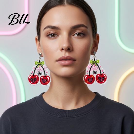 Dark Style Pendant Earrings 1 Pair Acrylic Cherry for Women, 2D Fruit Dangle Drop Halloween Party Jewelry with Spider Web And Bow, Punk Goth Aesthetic