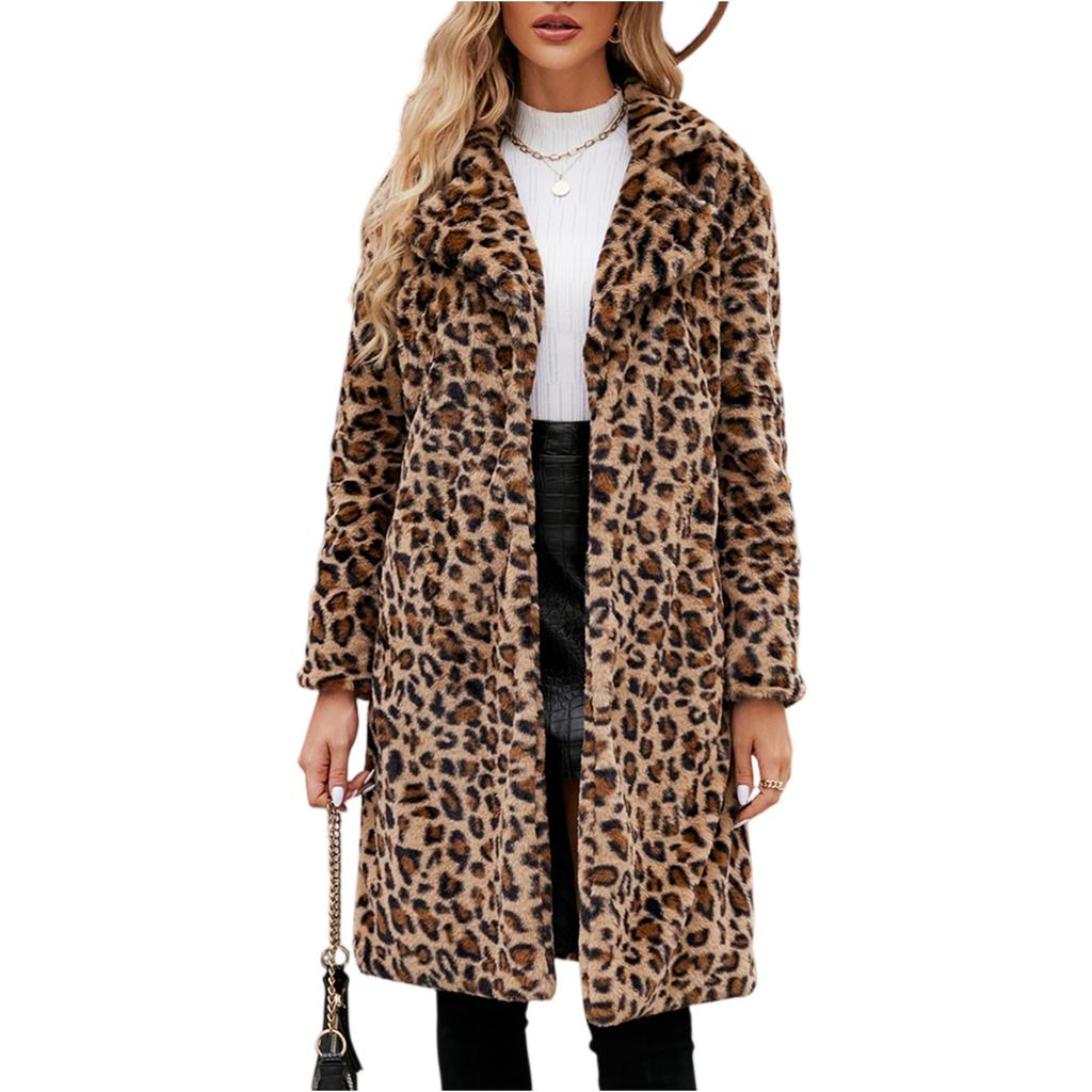 Damen Wintermode Lässiger Revers Leopardenmuster Plüsch Langer Mantel