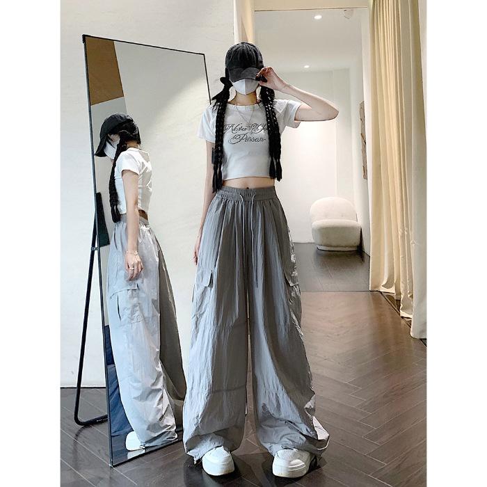 

[Real shot three-dimensional waist] Tooling wide-leg pants women s summer large size loose ice silk quick-drying casual pants sports straight S