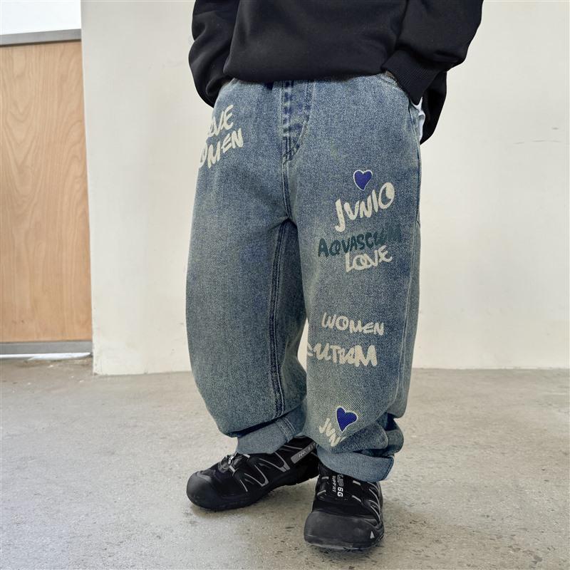 

Модные мягкие джинсы с буквенным принтом для мальчиков - весна/осень 2025 г. Детские брюки в корейском стиле 140 cm синий
