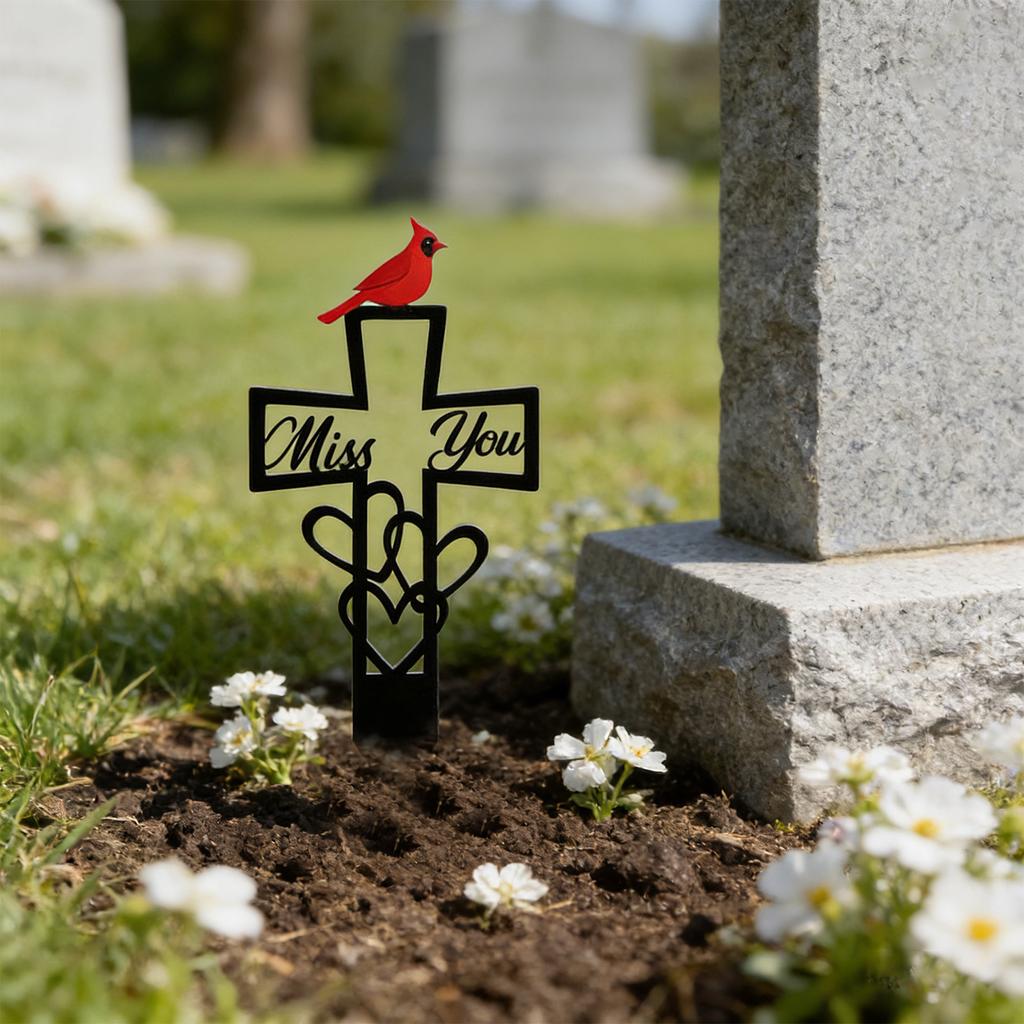Metal Garden Stake Cross with Heart Design and Bird Decoration Outdoor Yard Memorial Marker Steel Ground Insert