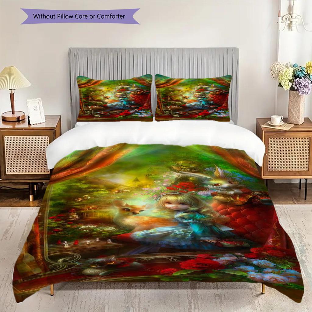 Whimsical Wonderland Escape Three-piece set (1 * duvet cover + 2 * pillowcase, without core) 2D Flat Christmas birthday gift Soft and comfortable