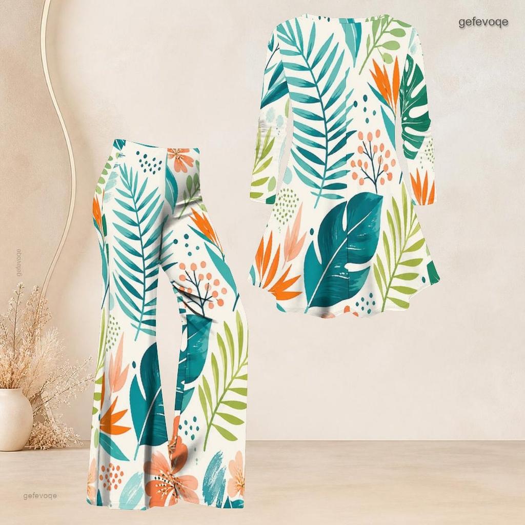 Women Plus Size Round Neck Three Quarter Sleeve Printed Flared Top Flared Pants Two Piece Set