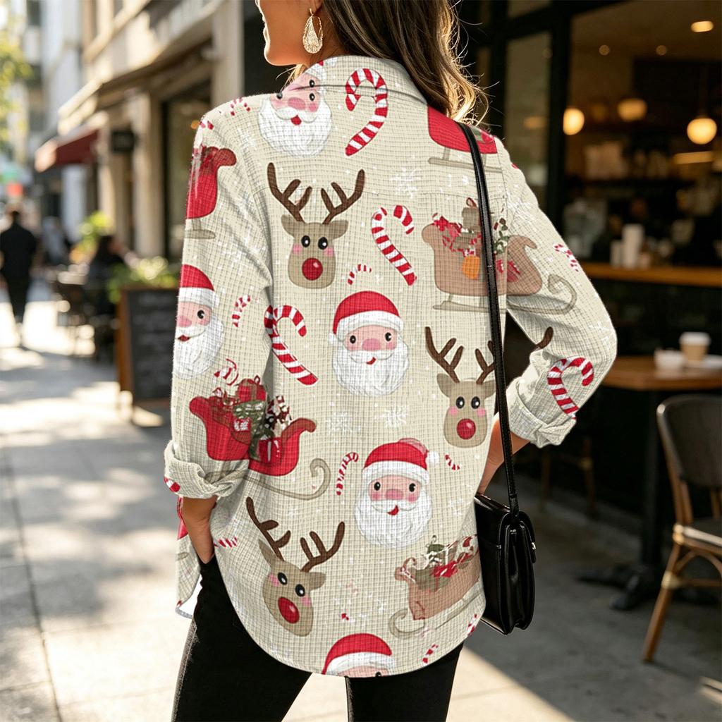 Women's Christmas Print Button Cardigan Long Sleeve Loose Fit Casual Shirt Top