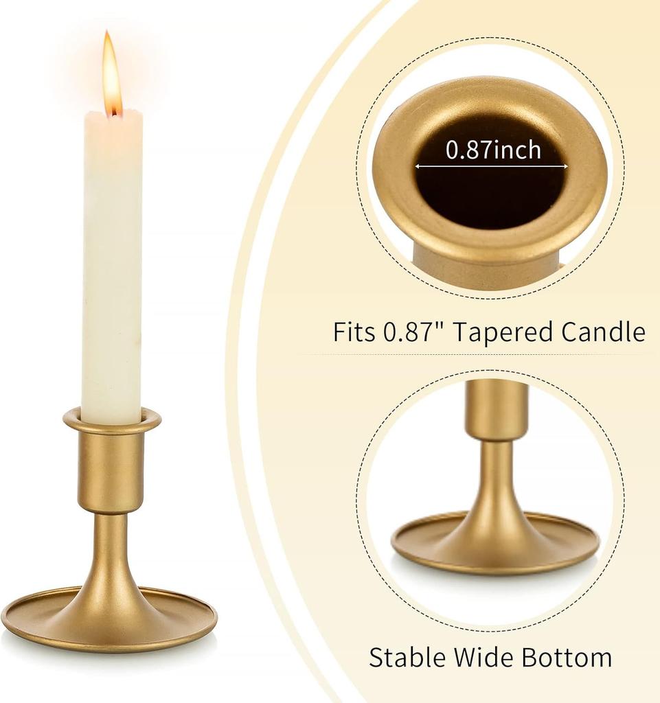 2PCS Gold Taper Candle Holder Short Skinny Brass Candlestick Holders for Wedding Party Holiday Dinning Table Decor