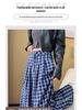 Women's Blue Retro Plaid Double-Breasted Wide-Leg Pants - Zhao Lusi Spring & Autumn Style