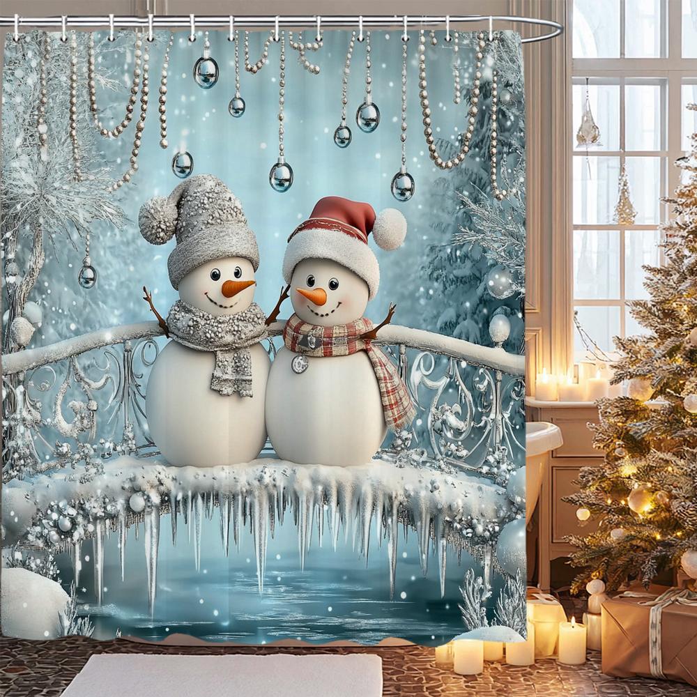 Christmas Santa Claus Snowman Printed Bathroom Shower Curtain with Hooks , Printed fabric for Home Holiday Decoration Curtain