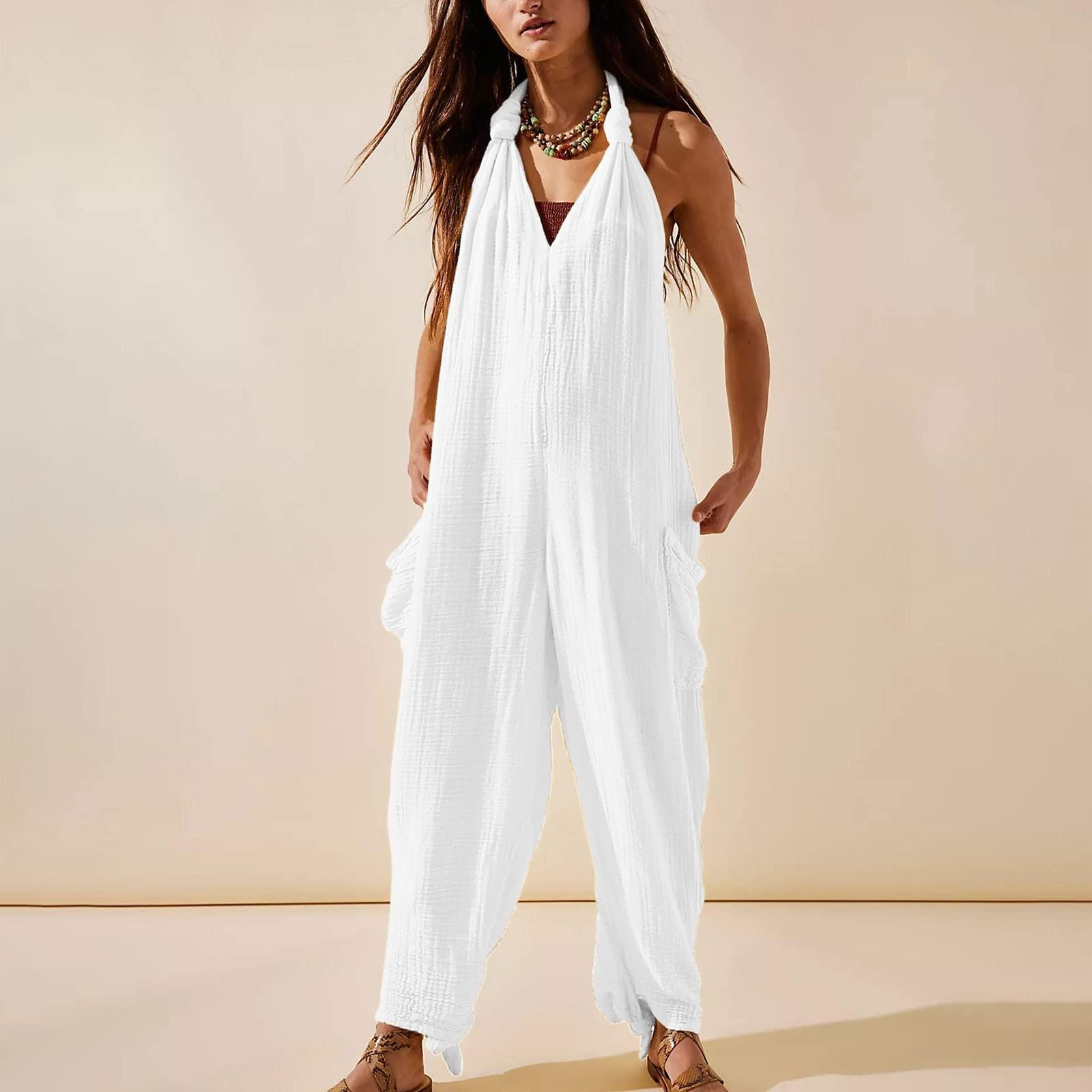 

Женский повседневный свободный однотонный комбинезон без рукавов с V-образным вырезом и карманами на бретелях XL белый