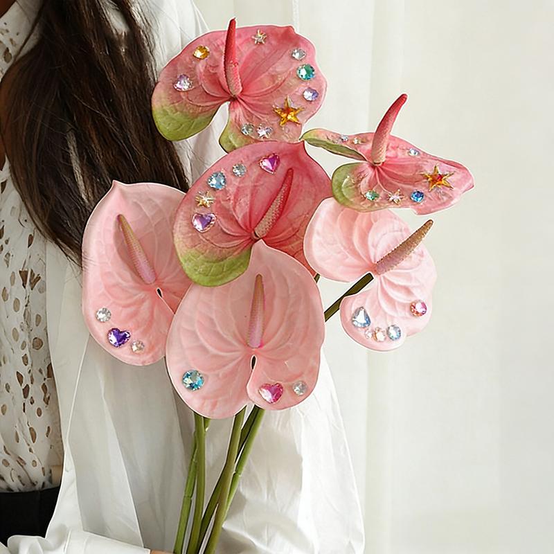 Simulation Flamingo Lily Bouquet Flower Leaves Fake Green Plant Anthurium Flower Arrangement Wedding Party Garden Decoration