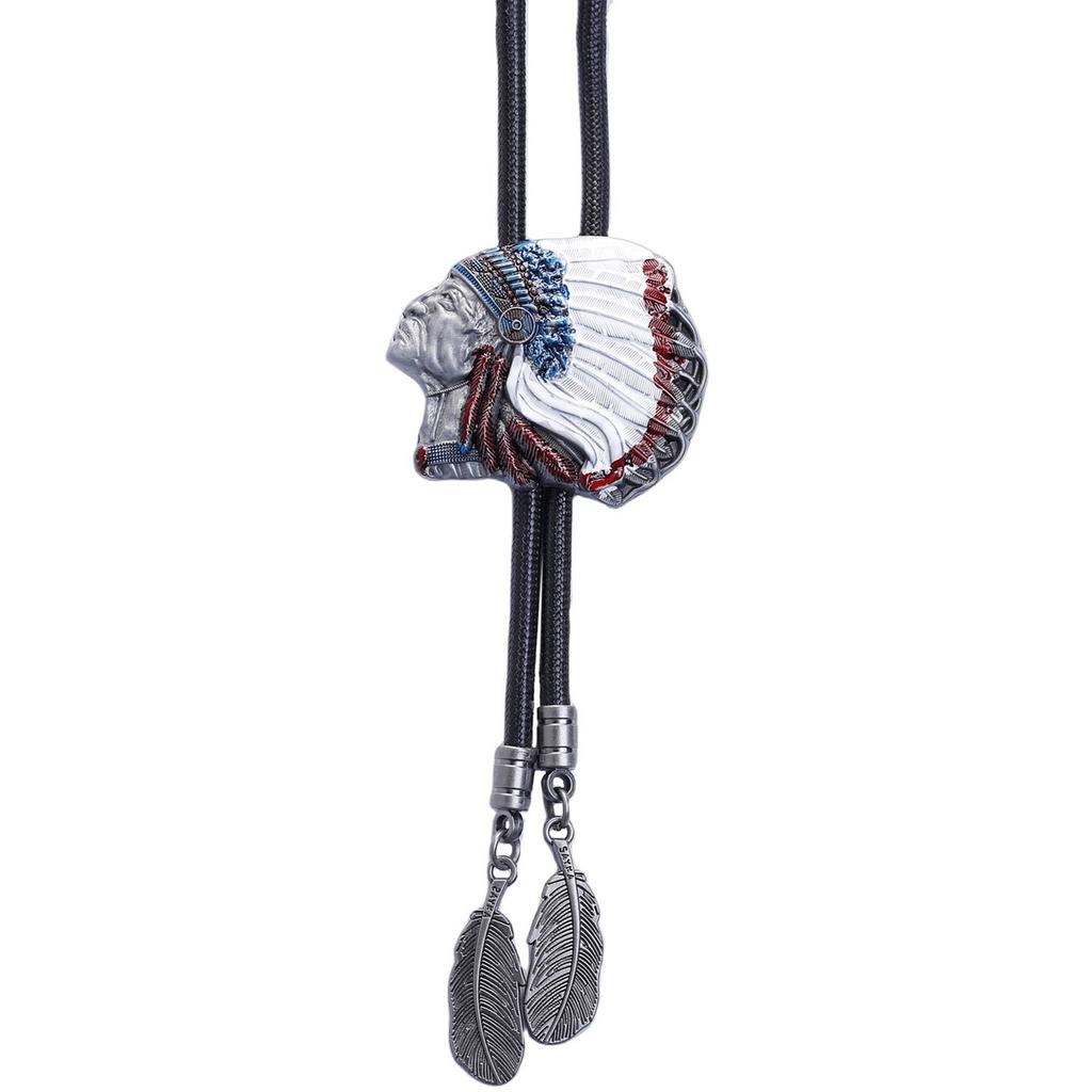 Mens Western Shirt Collar Necktie American Bolo Tie Indian Head Feathered Pendant Cowboy Necklace Jewelry Shirt Chain