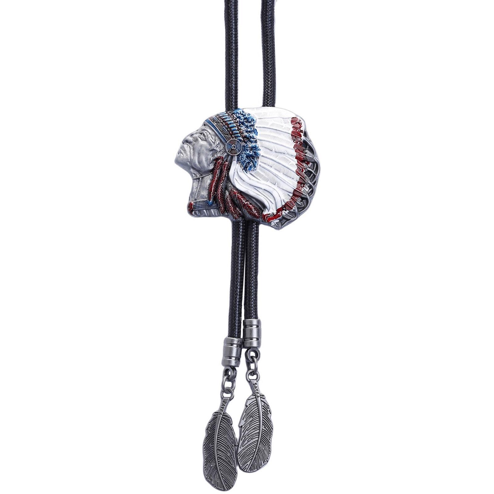 

Mens Western Shirt Collar Necktie American Bolo Tie Indian Head Feathered Pendant Cowboy Necklace Jewelry Shirt Chain