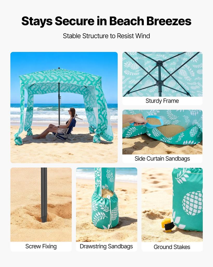 Beach Cabana, 1.83 x 1.83 m Beach Canopy with Side Wall, UPF 50+ Protection Easy Setup Cabana Tent with Sand Pockets, Large Portable Shade Sun Shelter