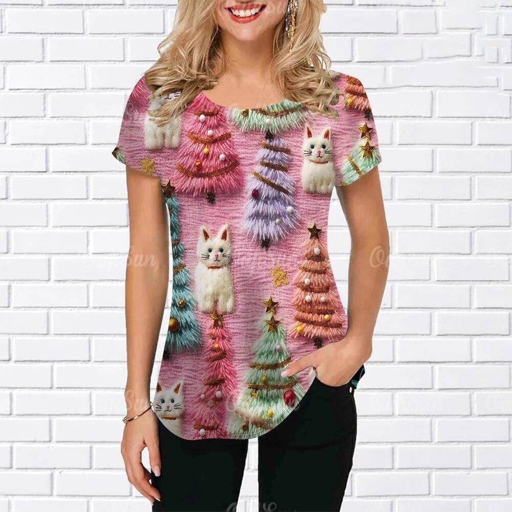 Summer Round Neck 3D Christmas Print Top Fashionable Casual Short Sleeved Women's T-shirts