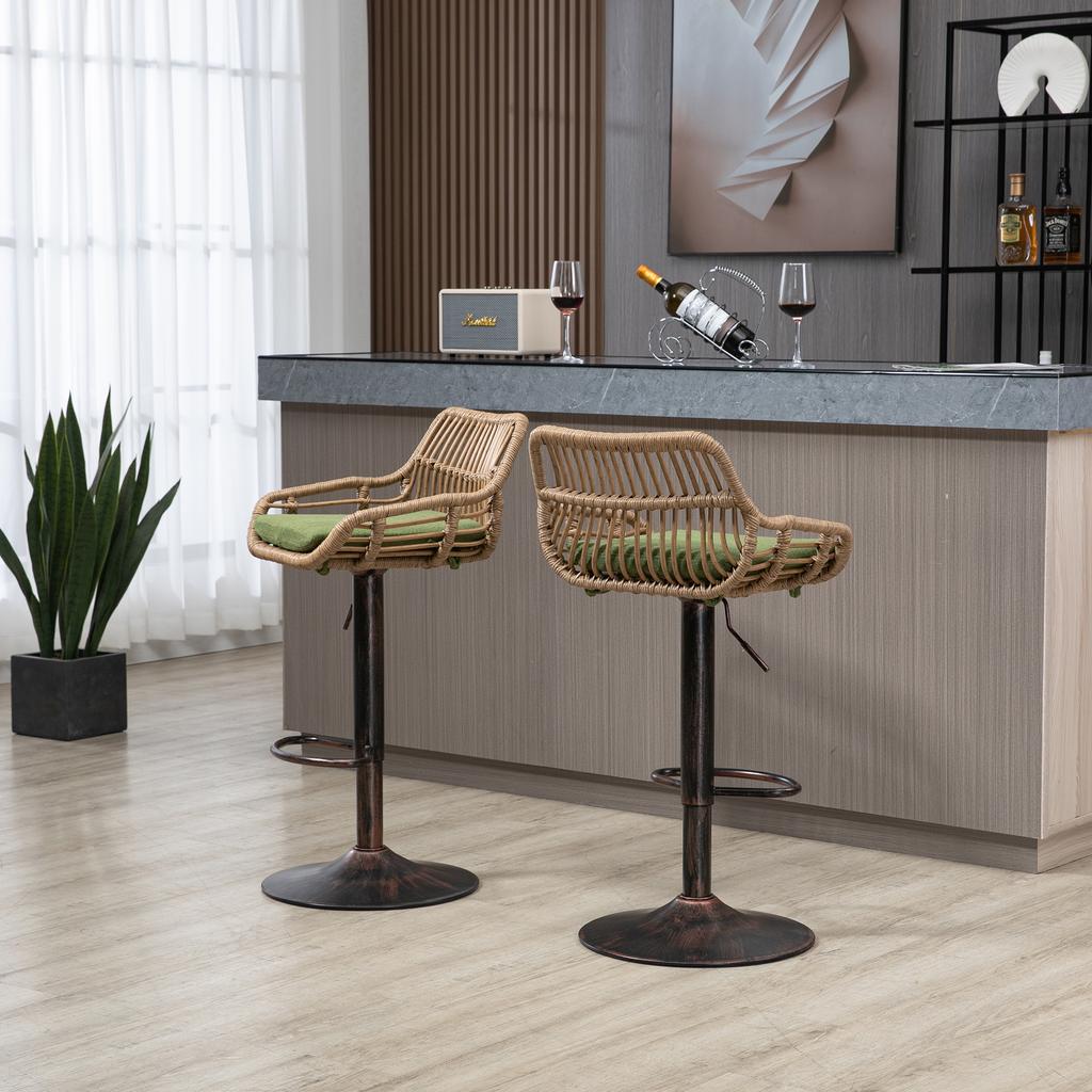360-degree swivel, height-adjustable bar stools made of rattan, set of two modern bar stools, suitable for kitchens, dining rooms and bars. (Green)