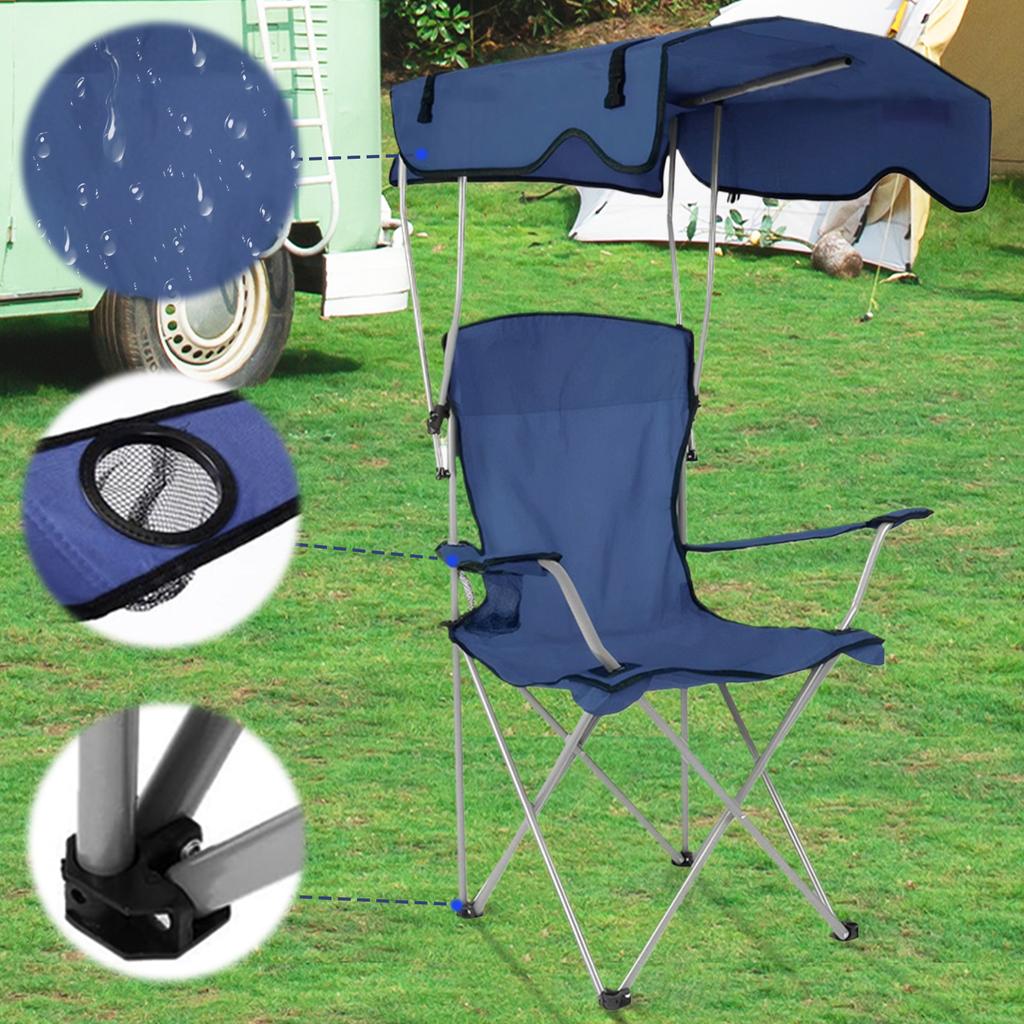 Oversized Beach Chair with Ceiling & Cup Holder Large Camping Lawn Chair Folding Fishing Chair for Picnic Leisure Chair