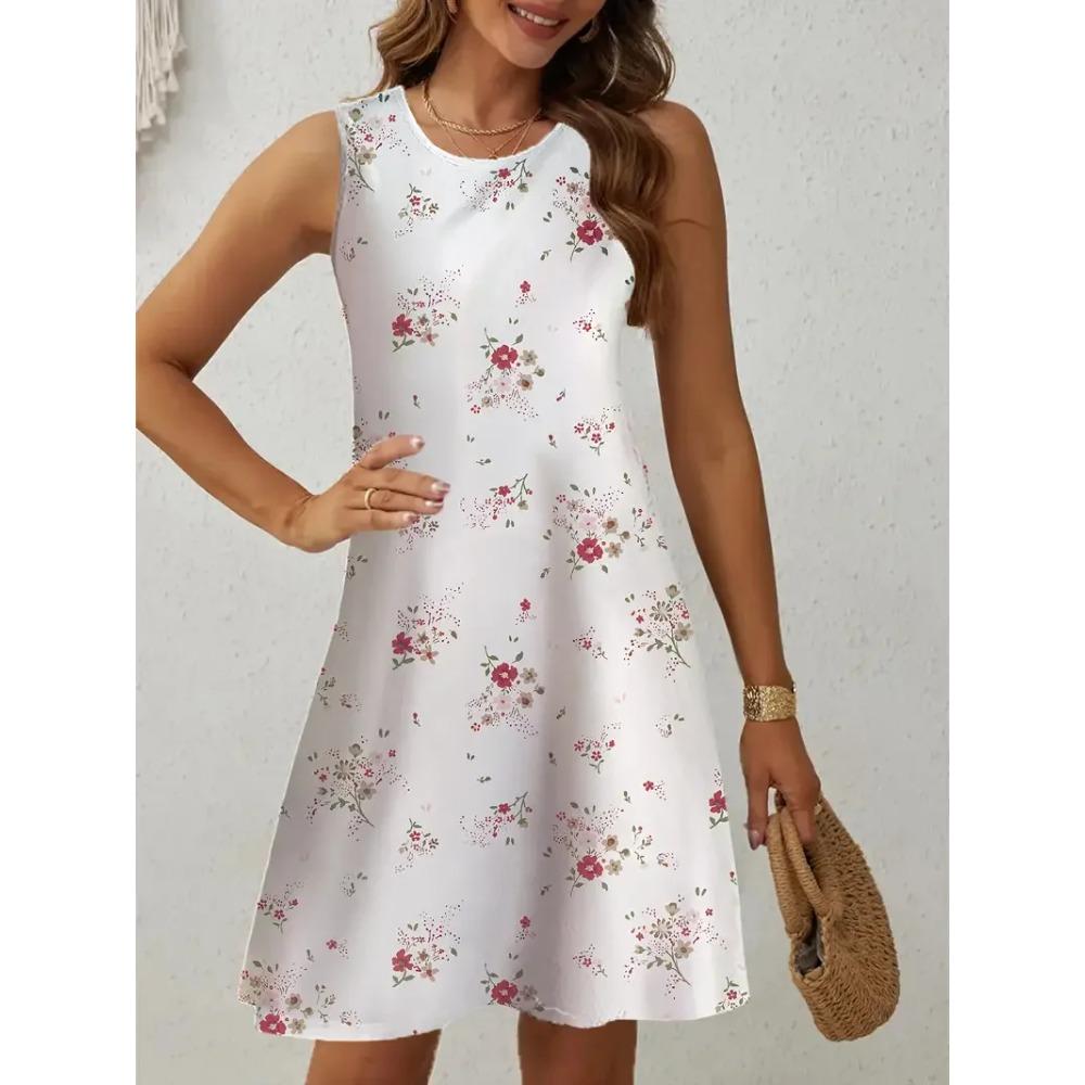 Summer Colorful Floral Print Round Neck Sleeveless Vest Dress Beach Vacation Plus Size Casual Comfortable Soft Breathable Women Mini Dress