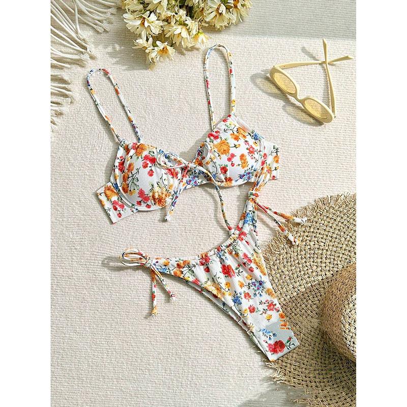Maillots de bain de plage pour femmes, ensemble bikini imprimé floral, soutien-gorge push-up, ensemble fendu, bikini sexy deux pièces d'été