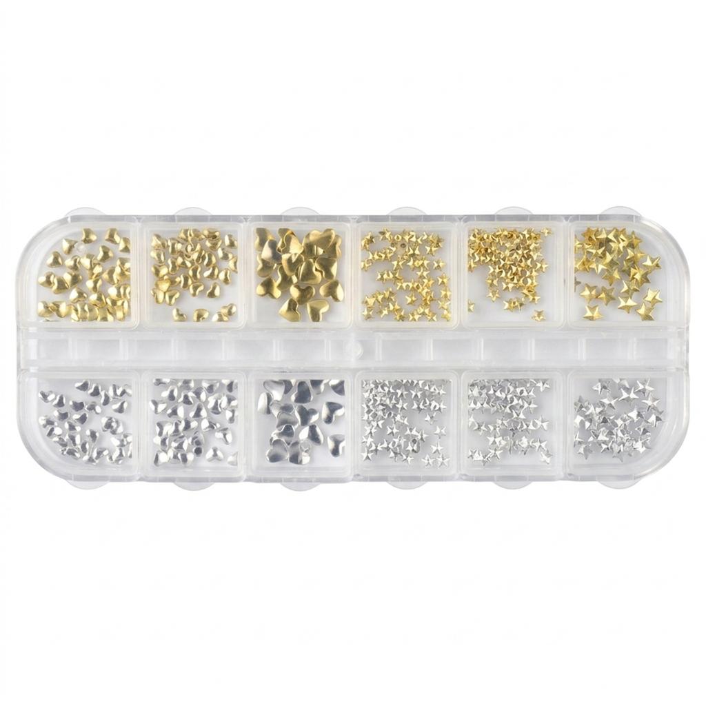 12-Grid Mixed Size Gold Silver Metal Star Nail Decorations Alloy Plating Craftsmanship For Manicure DIY