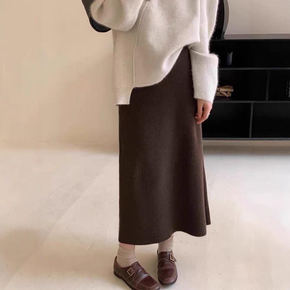 Petite Coffee Wool Midi Skirt for Women - High-Waisted, Slim Fit, Bodycon, A-Line, Raccoon Fur Trim, Perfect for Autumn/Winter
