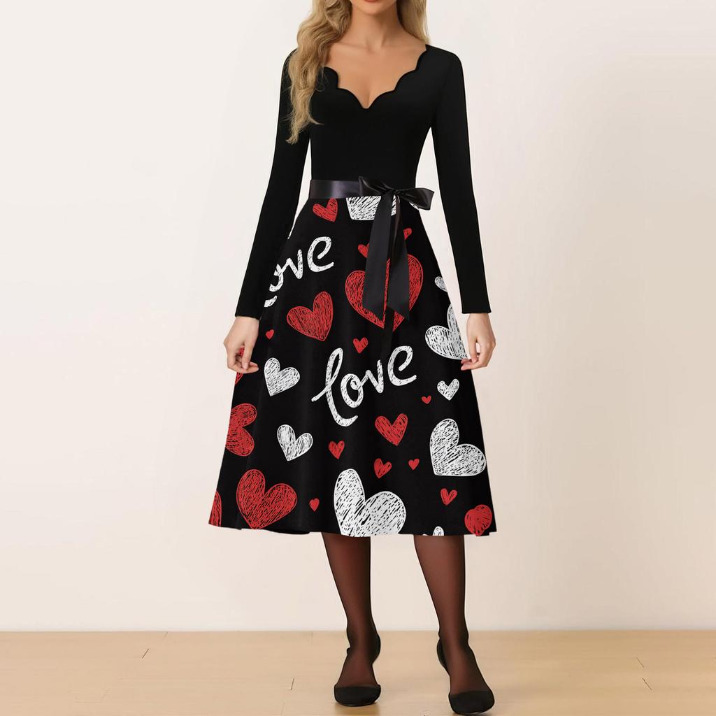 Damen Freizeitmode V-Ausschnitt Valentinstag Print Retro Kleid