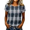 Women’s Casual Plaid Crew Neck Short Sleeve T Shirt Button Front Loose Fit Lightweight Pullover Top for Daily Wear