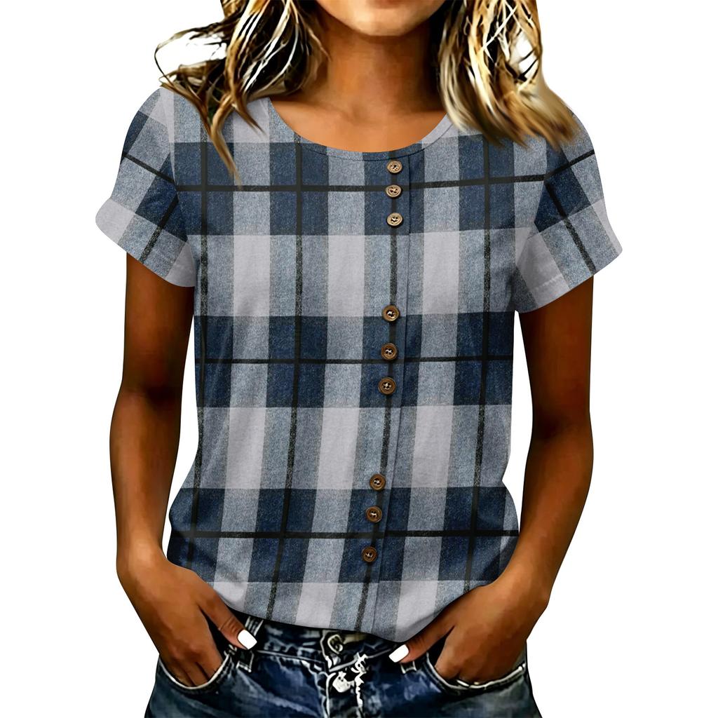 Women’s Casual Plaid Crew Neck Short Sleeve T Shirt Button Front Loose Fit Lightweight Pullover Top for Daily Wear