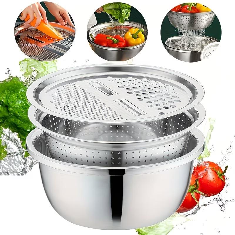 1-2Sets Space Saving Stainless Steel Grater and Colander Set Multi Function Vegetable Slicer Shredder for Kitchen Washing Bowl