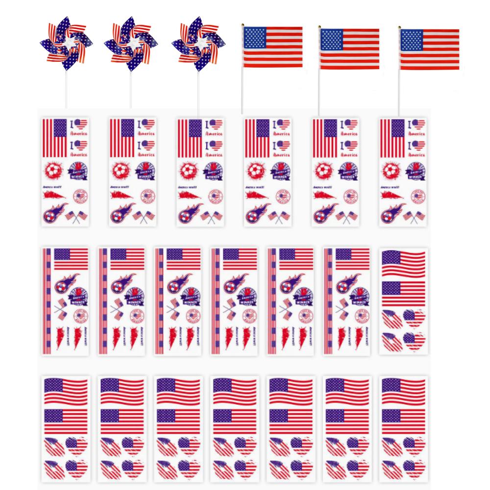 26pcs 2026 Temporary Tattoos National Flag Stickers Fans Waterproof Fake Tattoo American Flag Windmill Celebration Supplies